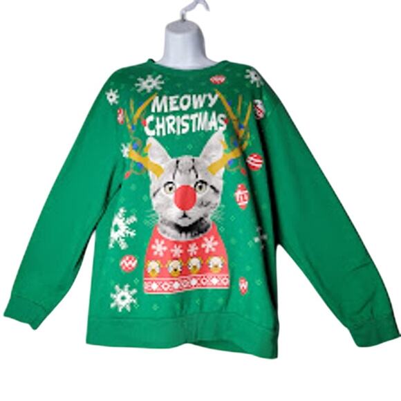 Green Meowy Christmas Cat Ugly Holiday Graphic Sweatshirt Well Worn (Brand) Sz L - Picture 1 of 7